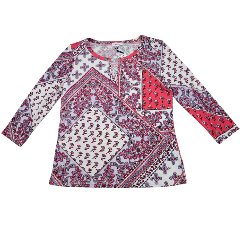 Calvin Klein Patchwork Paisley Print V Neck Tunic Top Womens M Pink Purple NWT